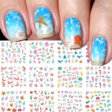 Summer Ocean Nail Stickers Nail Art Water Transfer Decals Summer Nail Art Supplies Ocean Design Sticker Acrylic Nails Mixed Shapes Nail Ocean Shell Starfish Sea Animals 12 Sheets&hellip;