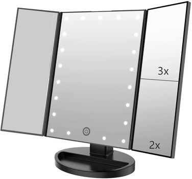 Tri-fold Lighted Vanity Makeup Mirror with 3x/2x Magnification,21 LEDs Light and Touch Screen,180 Degree Free Rotation Countertop Cosmetic Mirror,Travel (Black)