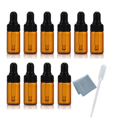 ELFENSTALL- 10pcs 10ml 1/3oz Amber Mini Glass Bottle Amber Sample Vial Small Essential Oil Bottle with Glass Eye Dropper Refillable Containers + 1pc Glass Clean Cloth + 1pc 3ml Dropper