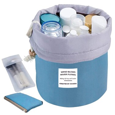 INVODA Cosmetic Bag for Women Barrel Shaped Travel Makeup Bags Large Capacity Soft Waterproof Portable Drawstring Cosmetic Bag Multifunctional Bucket Toiletry Bag (Blue)