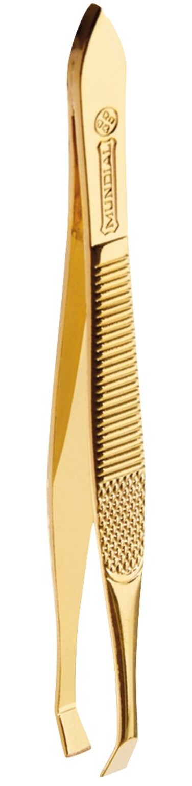 Mundial Straight Tip Gold Tweezers, Stainless Steel, Textured Handle for Precision Hair Removal, Splinter Removal and Eyebrow Shaping