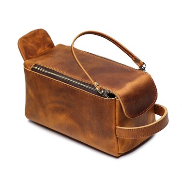 The Tannery Vintage Crazy Horse Full Grain Leather Toiletry Dopp Kit Bag Travel Make up Cosmetic Bag Big Leather Toiletry Bag for Unisex (Yellow Brown)