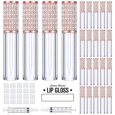 AMORIX 24 Pack Lip Gloss Tubes with Wand 5ml Empty Rhinestone Lip Gloss Containers Cute Lipgloss Bottles Lip Gloss Supplies Kit + 2pcs Syringes + Labels for DIY Lip Gloss Base