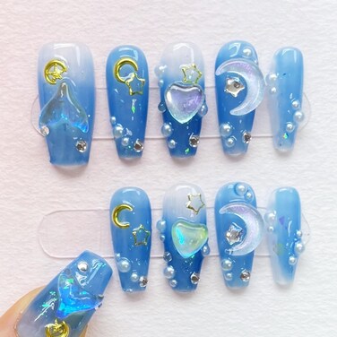 handmade press on nails short,coffin fake nails with designs,10 pcs high hardness acrylic nails press ons,3d cute false nails for women-Mermaid ocean(S)