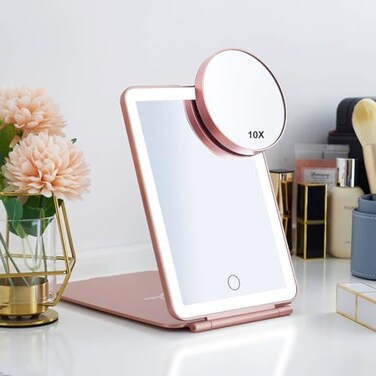 LED Foldable Travel Makeup Mirror - 5x7 inches 3 Colors Light Modes USB Rechargeable Touch Screen, Portable Tabletop Cosmetic for Travel, Cosmetic, Office (Rose Gold)
