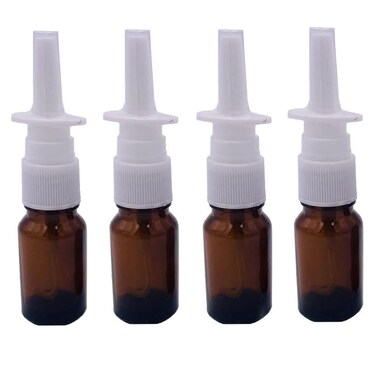 4PCS 10ML Empty Refillable Amber Glass Nasal Spray Bottle Pump Sprayers Container for Nasal Irrigation Spray Saline Water Applications