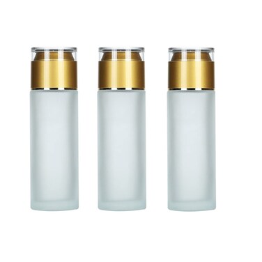 QUUPY 3PCS 80ml/2.6oz Frosted Glass Lotion Bottle With Gold Acrylic Lid Cover Travel Cosmetics Sample Storage Containers Jars For Essence Cream Serums Oil Moisturizers