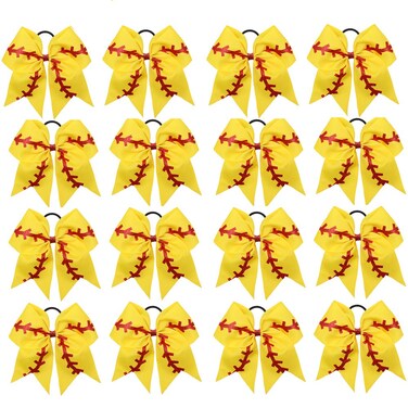 16PCS 8" Large Cheer Hair Bows Ponytail Holder Elastic Band Handmade for Cheerleading Teen Girls College Sports (16 Pcs) (Baseball Yellow)