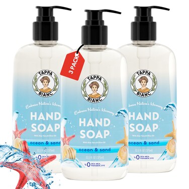 TAPPA BIANC Liquid Hand Soap for Bathroom and Kitchen, Ocean and Sand Scented Handsoap, Natural Ingredients, Non-Toxic Hand Wash Soaps with Pump Bottles 12.5 fl oz (Pack of 3)