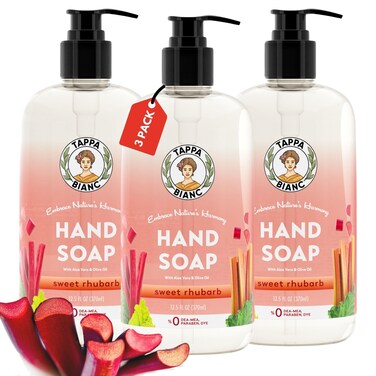 TAPPA BIANC Liquid Hand Soap for Bathroom and Kitchen, Sweet Rhubarb Scented Handsoap, Natural Ingredients, Non-Toxic Hand Wash Soaps with Pump Bottles 12.5 fl oz (Pack of 3)