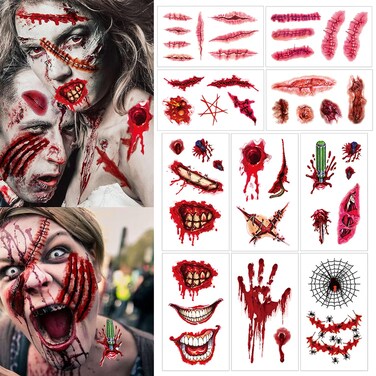 10Sheets 3D Fake Scars Tattoo Temporary Halloween Makeup Kit, Fake Stitchers Tattoos Cut Scary Face Wound Blood Chucky Scars Tatoos For Kids Women Men Boys Girls Zombie Makeup Sticke