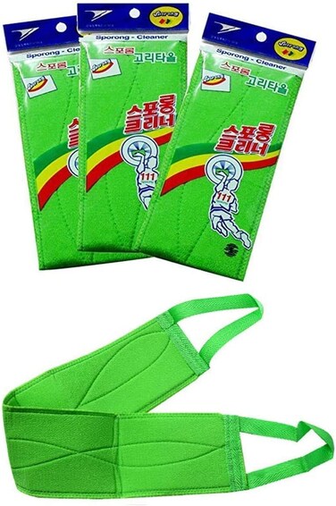 DEAD SKIN x (3 pcs) Long Exfoliating Towel with Straps Green Back Washcloth Bath Wash Towel Korean Italy Towel Back Scrubber for Shower Extended Length Bath Towel Shower