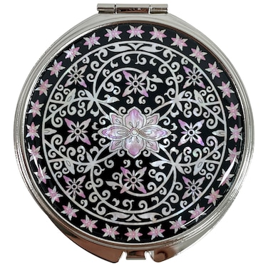 Portable Makeup Compact Double Magnifying Mirror Cosmestic Foldable Pocket Style Unique Mother of Pearl Design (Ivy)