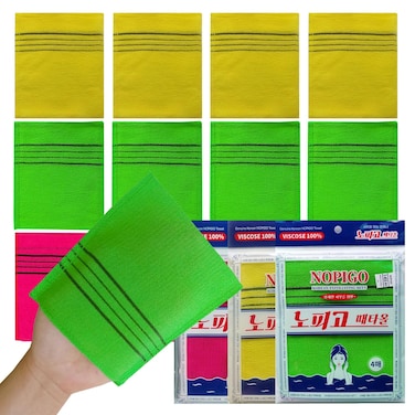 The Original Korean Exfoliating Mitt Body Scrub-12pcs (green4 red4 yellow4). Asian Exfoliating Bath Washcloth for Dead Skin, Bath Sponge,Body exfoliate Glove.