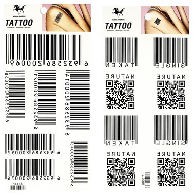 Set 2 Sheets Black Bar Code QR Numbers Barcode Temporary Tattoos Stickers Patterned Removable Design Decorations Body Neck Chest Shoulder Legs Arm Back For Man Woman