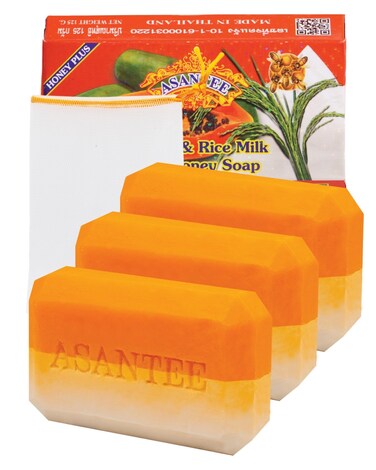 ASANTEE Papaya &amp; Rice Milk with Honey Cleansing Soap 125 Grams (Pack of 3)