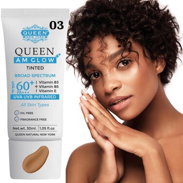 QUEEN AM GLOW   TINTED Sunscreen SPF 60 PA+++Primer-Anti Aging, Face Moisturizer- Vitamin B3, B5, E-fragrance free by QUEEN NATURAL NEW YORK (03-Neutral Tan)