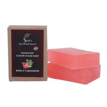 SVATV Handcrafted Soap With Natural, Soothing Herbs Of ROSE &amp; CARDAMOM For Men And Women - Exfoliating Bar, Traditional Ayurvedic Herbal Soap For All Skin Type - 125g X 2 = 250g
