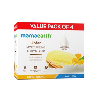 MAMAEARTH Ubtan &amp; Sandalwood Moisturizing Lotion Soap Bar   Removes Tanning &amp; Gently Exfoliates   Traditional De Tan Bath Bar   for Face &amp; Body   4 Bars (4.41 Oz/125g Each)
