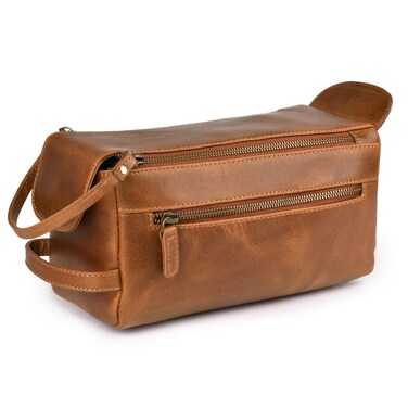 LEATHER VILLAGE Premium Leather Travel Toiletry Bag - Unisex Water-Resistant Travel Dopp Kit, Shaving &amp; Cosmetic Organizer for Men &amp; Women - Compact Bathroom Essentials - Camel Brown
