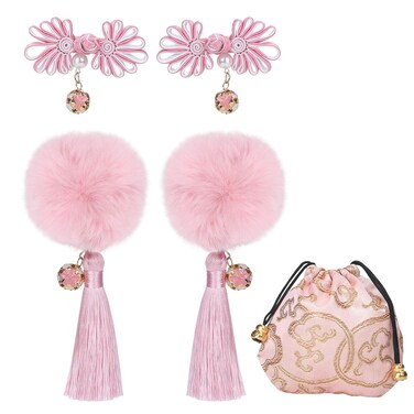 Chinese Style Hair Accessories Set, Fluffy Ball &amp; Chinese Knot Hair Clips, Festive Pink Tassel Set for Christmas, New Year &amp; Special Occasions - Pink