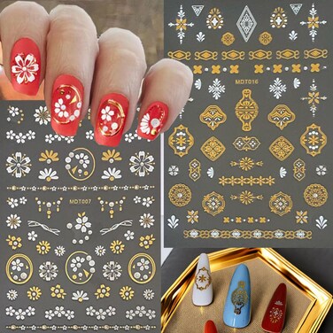Zoance 16 Sheets Flowers Nail Art Stickers,3D Gold White Silver Lines Butterflies Stars 5D Diamond Design Nail Decals, Self-Adhesive Manicure Nail Stickers for Women Girls Nail DIY Decoration
