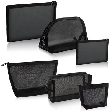 6 Pieces Black Mesh Bags Mesh Zipper Pouch Toiletry Bag Portable Mesh Cosmetic Bags Travel Toiletry Storage Pouch for Home Offices Travel Accessories Organizer