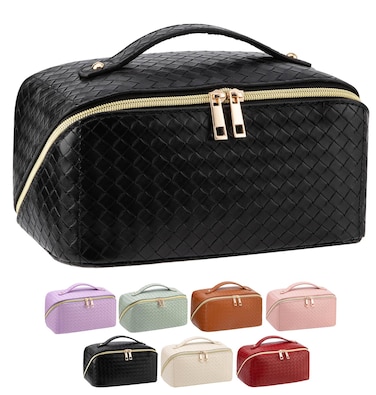 Large Capacity Travel Makeup Bag for Women, Waterproof Portable Cosmetic Bag with Compartments, Foldable Flat Lay Design for Easy Access, Perfect for Toiletries &amp; Beauty Essentials (Black)