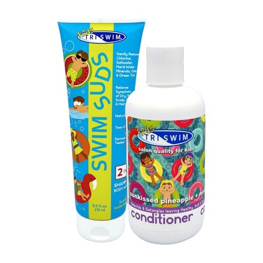 TRISWIM Kids Swim Suds &amp; Conditioner Set 8.5 fl oz each   Natural Tear-Free 2-in-1 Shampoo Chlorine Removal &amp; Body Wash with Detangler - Gentle Hair and Skin Care Solution for Active Kids