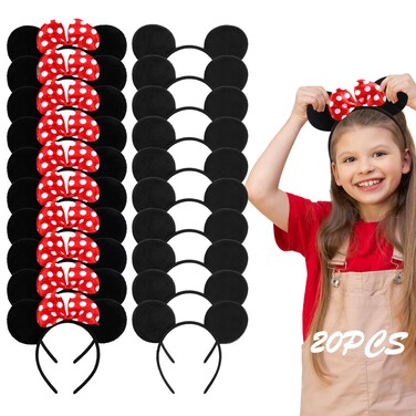 Lucky Will 20 Pack Mouse Ears Headband Classic Solid Black and Red Bow Ears Headbands Bulk for Kids and Adults - Boys &amp; Girls Mouse Themed Birthday Party Supplies