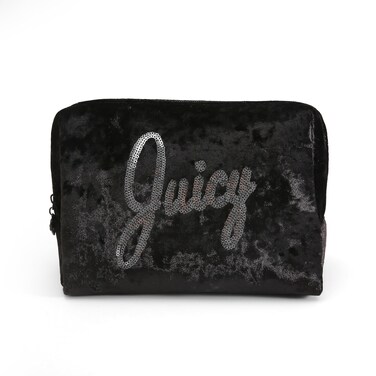 Juicy Couture Women's Cosmetics Bag - Travel Makeup and Toiletries Clutch Wedge Pouch, Black Crushed Velvet