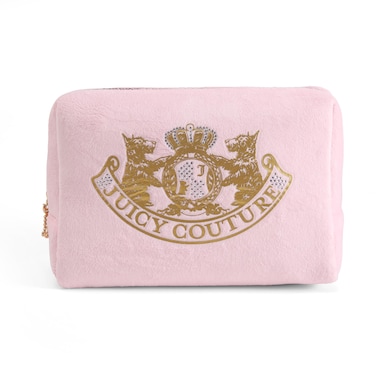 Juicy Couture Women's Cosmetics Bag - Travel Makeup and Toiletries Clutch Wedge Pouch, Pink Terry Velour