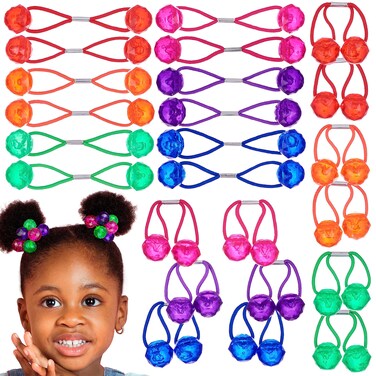 Expressions 24pc Ponytailers Ponytail Balls Hair Elastics, 16mm Diamond-Cut Gem-Shaped Bright Multicolored Twin Hair Beads Bauble Hair Ties Ponytail Holders, Toddler Kids Hair Ties,Value Pack