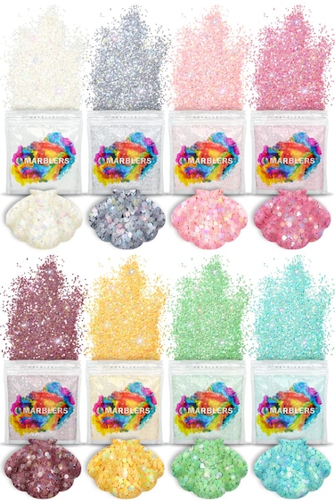 MARBLERS Holographic Glitter [Mermaid 8 Color Set] 4oz (112g)   Chunky   Non-Toxic, Vegan, Cruelty-Free   Face, Body, Eyeshadow, Hair, Party Makeup   Nail Art, Polish   Resin, Tumbler, Slime, Craft