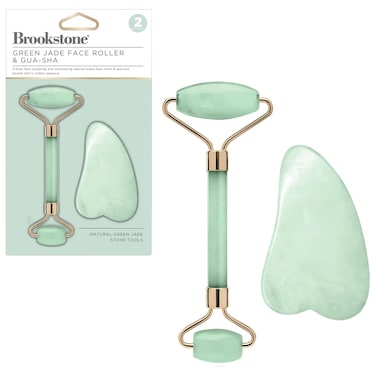 Brookstone Face Skin Care Roller: Dual-Sided Premium Rose Quartz Face Roller Massager - Skin Care Tool for Facial Massage, Gua Sha, Relaxation, Anti Age Jade Roller - Lymphatic Drain Massage (Green)