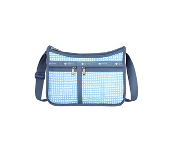 LeSportsac Painterly Weave Deluxe Everyday Crossbody Bag + Cosmetic Bag, Style 7507/Color E612, Dreamy Sky Blue &amp; Crisp White Unite, Abstract Playful Gingham Inspired Weave, Subtle Pearlized Sheen