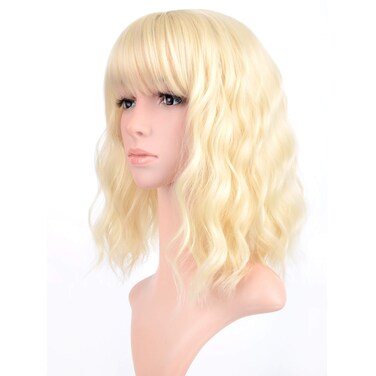 VCKOVCKO Blonde Pastel Wavy Wig With Air Bangs Women Short Wavy Light Blonde Wigs Synthetic Wig for Cosplay Party Bob Style Pastel Bob Synthetic Cosplay Wig for Girl(12", Blonde)