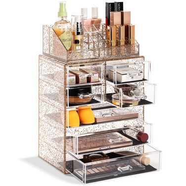 Sorbus Clear Cosmetic Makeup Organizer - Make Up &amp; Jewelry Storage, Case &amp; Display - Spacious Design - Great Holder for Dresser, Bathroom, Vanity &amp; Countertop (3 Large, 4 Small Drawers) [Glitter]