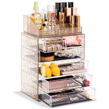 Sorbus Clear Cosmetic Makeup Organizer - Make Up &amp; Jewelry Storage, Case &amp; Display - Spacious Design - Great Holder for Dresser, Bathroom, Vanity &amp; Countertop (4 Large, 2 Small Drawers) [Glitter]