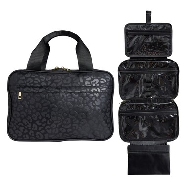 Nicole Miller New York Once Upon a Rose Makeup Bag, Multifunctional Travel and Toiletries Bag, Cosmetics Essentials Accessories Bag, Luxurious, Classic, Chic, and Stylish, Black Cow