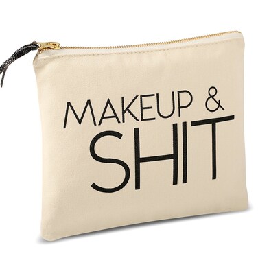 SHERWAY Funny Canvas Makeup Bag, Large Beige Cosmetic Bag (9.5 x 8 inch), Zipper Pouch Toiletry Travel Bag, Premium Canvas Makeup Bag for Birthday Gift, Wedding Party Gift