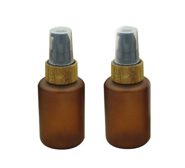 2Pcs 60ml/2oz Empty Refillable PET Plastic Pump Bottles Cosmetic Makeup Cream Lotion Shower Toiletries Liquid Storage Container Vial Pot With Bamboo Pump (Amber)