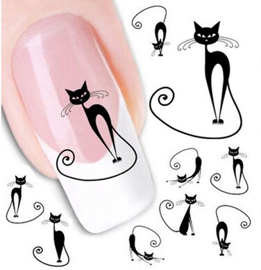 6 PCS Stylish Black Cat Image Nail Art Sticker Nail Decoration Charm Decals Nail Nail Polish Art Design Sticker Nail Ornaments for Manicure Pedicure for Women Girls