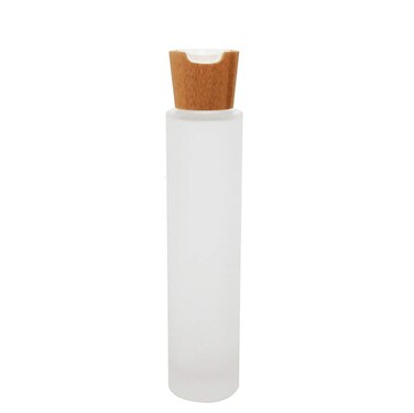 1PC 100ml/3.4oz Upscale Empty Refillable Frosted Glass Bottles Portable Cosmetic Jar Container Pot Vial Holder with Eco-friendly Bamboo Press Disk Top Cap for Lotion Essential Oil Essence Toner