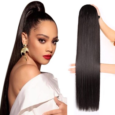 Fashion Icon Dark Brown Ponytail Extensions Straight Drawstring Ponytail Extension Long 24Inch straight Clip in Hair Extensions Ponytail Synthetic Hairpiece for Black Women(#2,5.99 OZ)