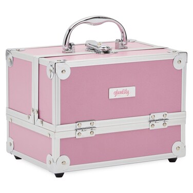 Glamlily Pink Makeup Train Case with Lock and 2 Keys, 3-Tier Cosmetic Storage Box