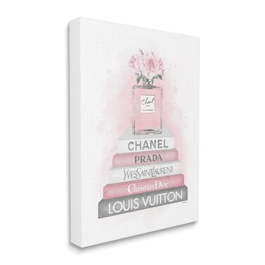 Stupell Industries Pink Roses Perfume Bottle Glam Fashion Bookstack, Designed by Amanda Greenwood Canvas Wall Art, 16 x 20