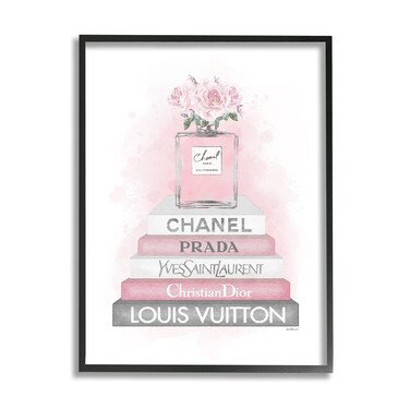 Stupell Industries Pink Roses Perfume Bottle Glam Fashion Bookstack, Designed by Amanda Greenwood Black Framed Wall Art, 16 x 20