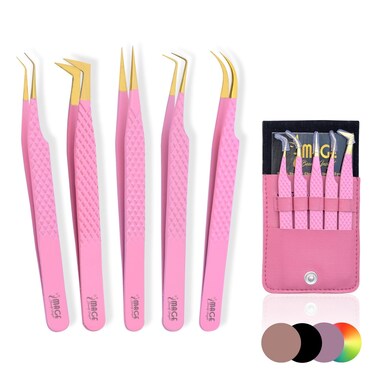 IMAGE 5 Pcs Japanese Steel Lash Tweezers Set with Leather Case, Professional Eyelash Tweezers for Lash Extensions-Titanium Coated Tips, 45 Degree, 90 Degree, Pointed Eyelash Extension Tweezers (PINK)