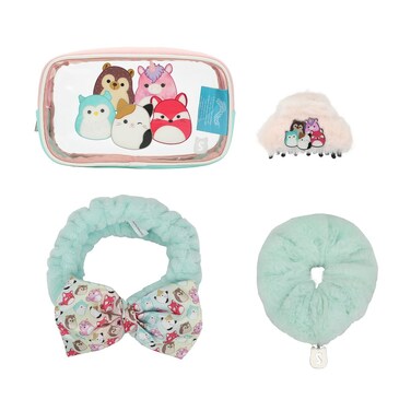 Bioworld Squishmallows 4-Piece Self Care Scrunchie, Clip, Headwrap Bag Set